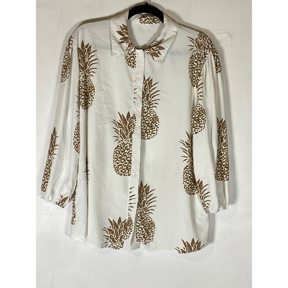 Pineapple Print Button Down Blouse L‎ Balloon Sleeve Coastal Resort Top
